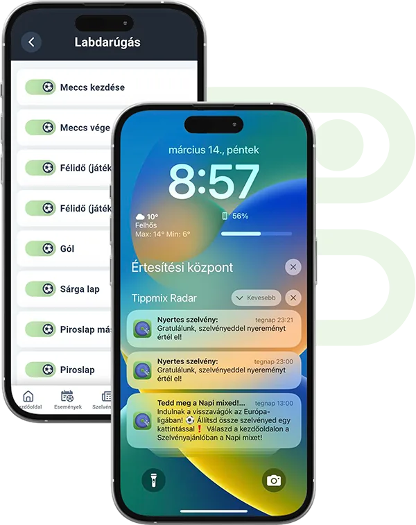 Two phones showing per-event notification settings and a lock screen stacked with win alerts