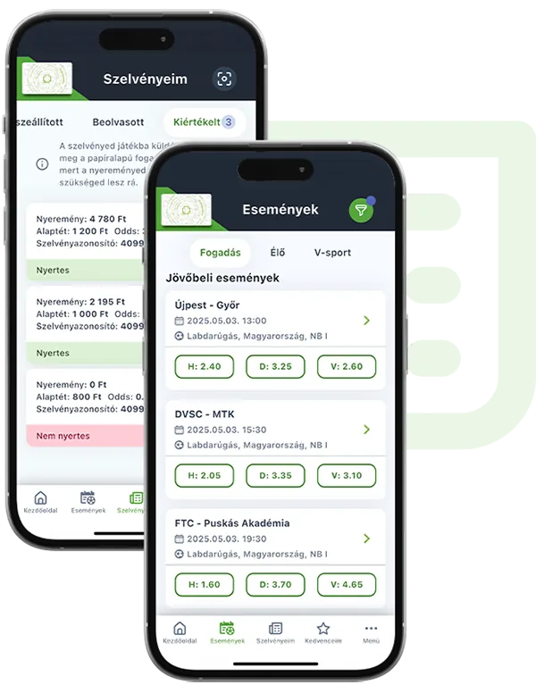Two phones showing the app's saved betting slips and its upcoming football events list with odds
